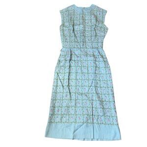VINTAGE L’Aiglon Blue Pink Floral Embroidered Dress Feminine Sz XS READ 40/50s